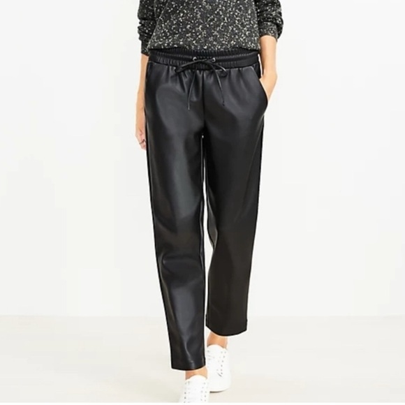 Loft Black Pull On Drawstring Elastic Waist Faux Leather Vegan Ankle Pants Sz SM - Picture 1 of 13